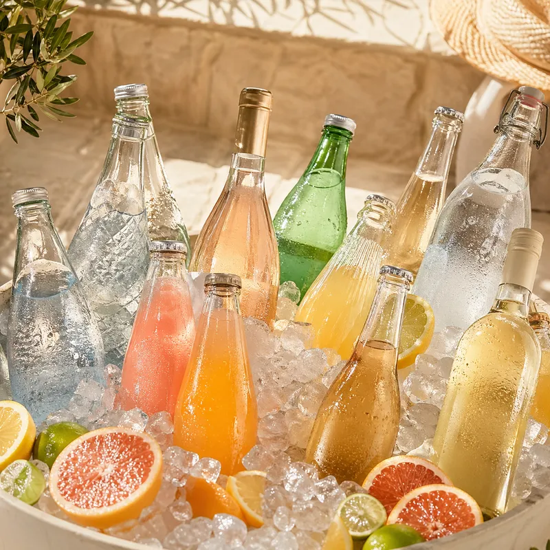 Bac à glace rempli de boissons fraîches : eau gazeuse, jus, sodas, vins blanc et rosé, bières, agrumes en quartiers