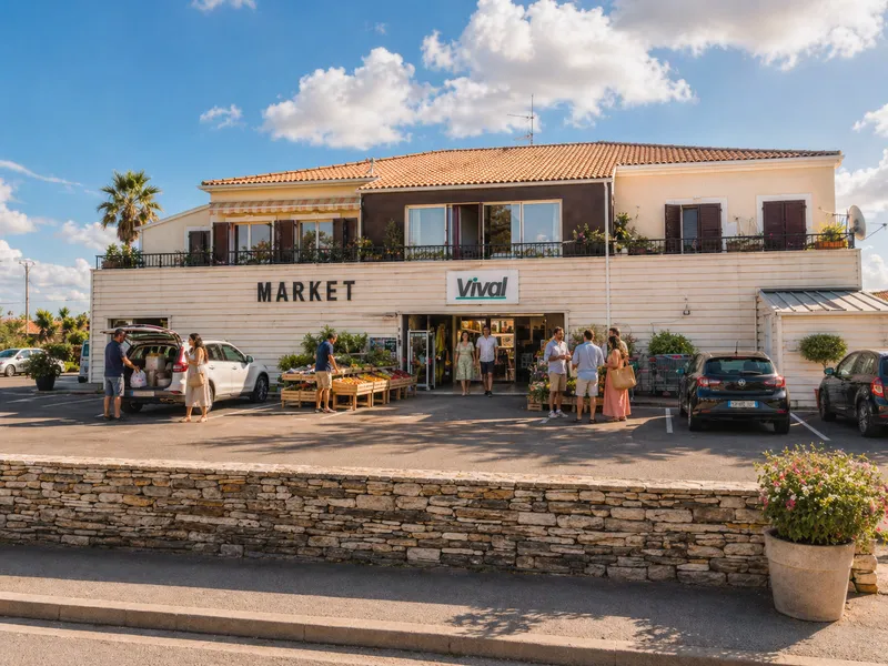 Devanture du Vival de Poggio-Mezzana sous le ciel bleu, avec étals de fruits et légumes, clients qui discutent et muret en pierre sèche au premier plan