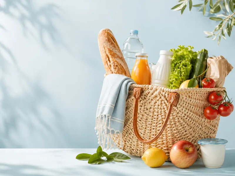 Panier en osier garni : baguette, eau, jus d'orange, lait, salade, courgette, tomates cerises, citron, pomme et yaourt