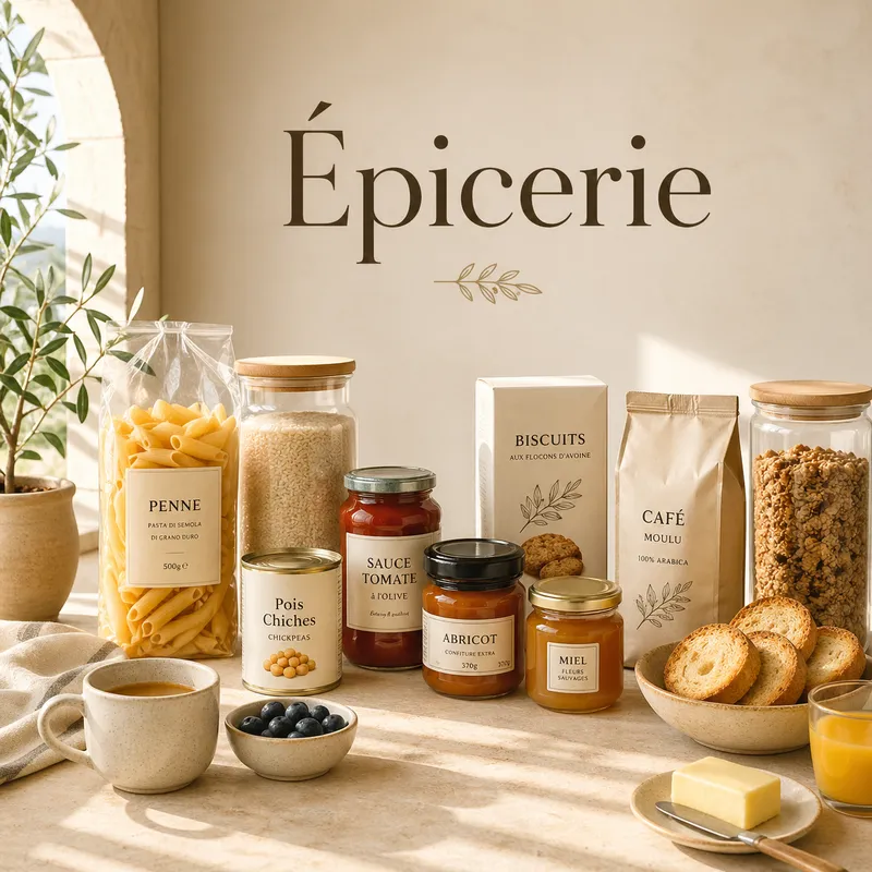 Étagère épicerie : pâtes penne, riz, sauce tomate, pois chiches, confiture, miel, biscuits, café, granola et toasts