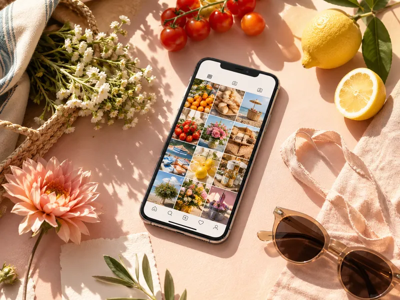 Smartphone affichant le feed Instagram du Vival, posé sur une table d'été avec fleurs, citrons, tomates cerises et lunettes de soleil