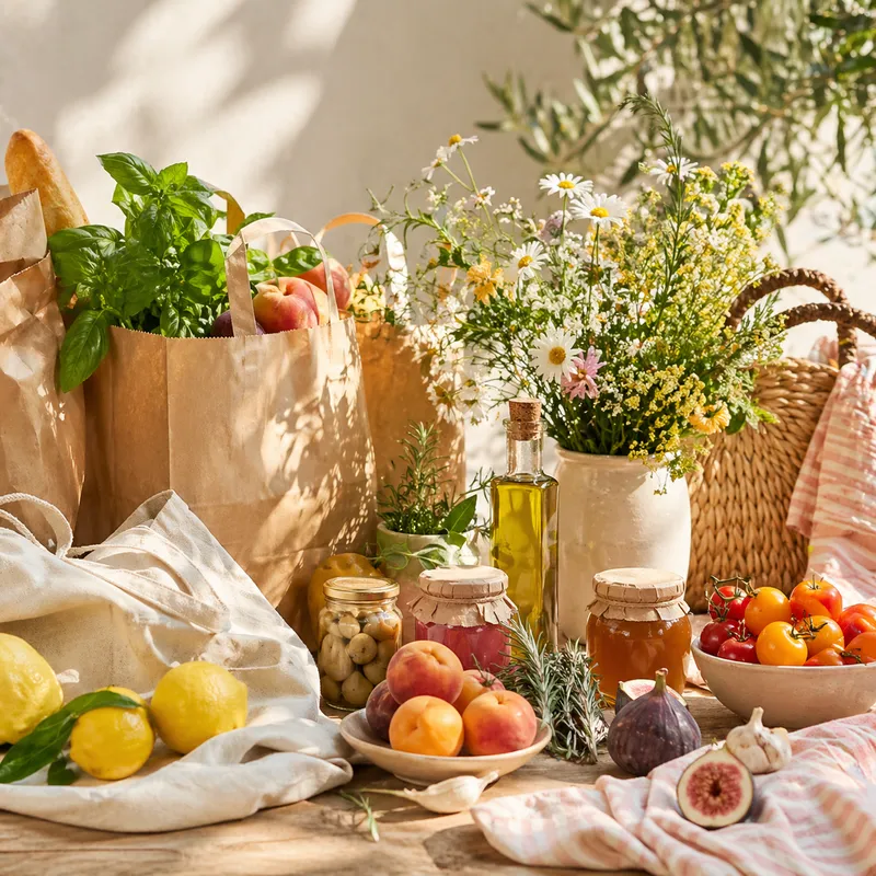 Arrivages estivaux : sacs en kraft, basilic, baguette, fleurs sauvages, huile d'olive, miel, confiture de figues, pêches, abricots, citrons, tomates et figues